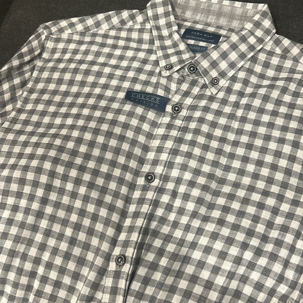 Zara Men long sleeve elbow patch checkered soft relaxed shirt (size small)